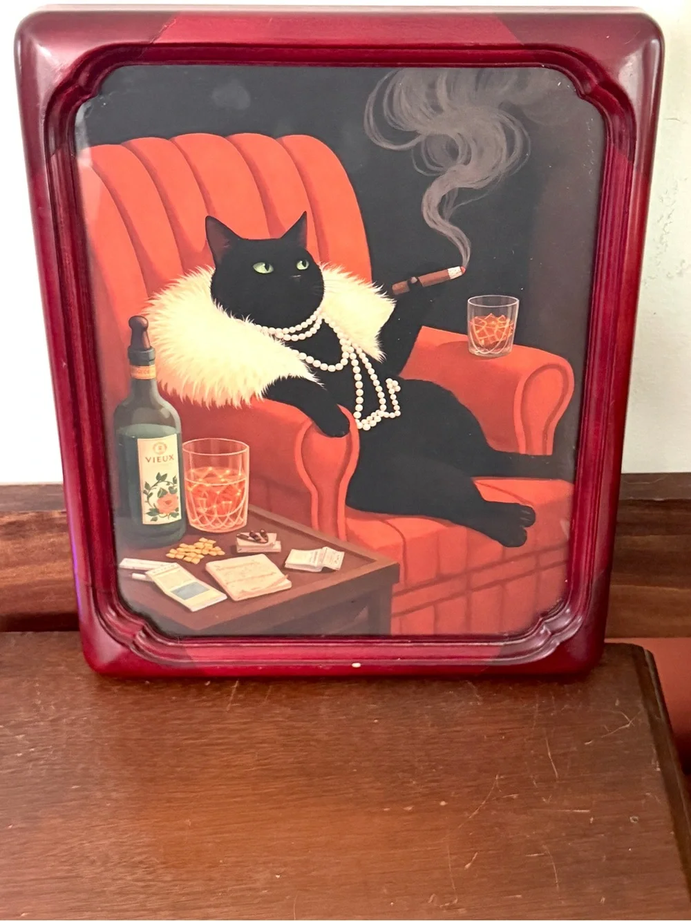 Black Cat Drinking Whiskey Smoking a Cigar Quirky Canvas Art Print Vtg Framed